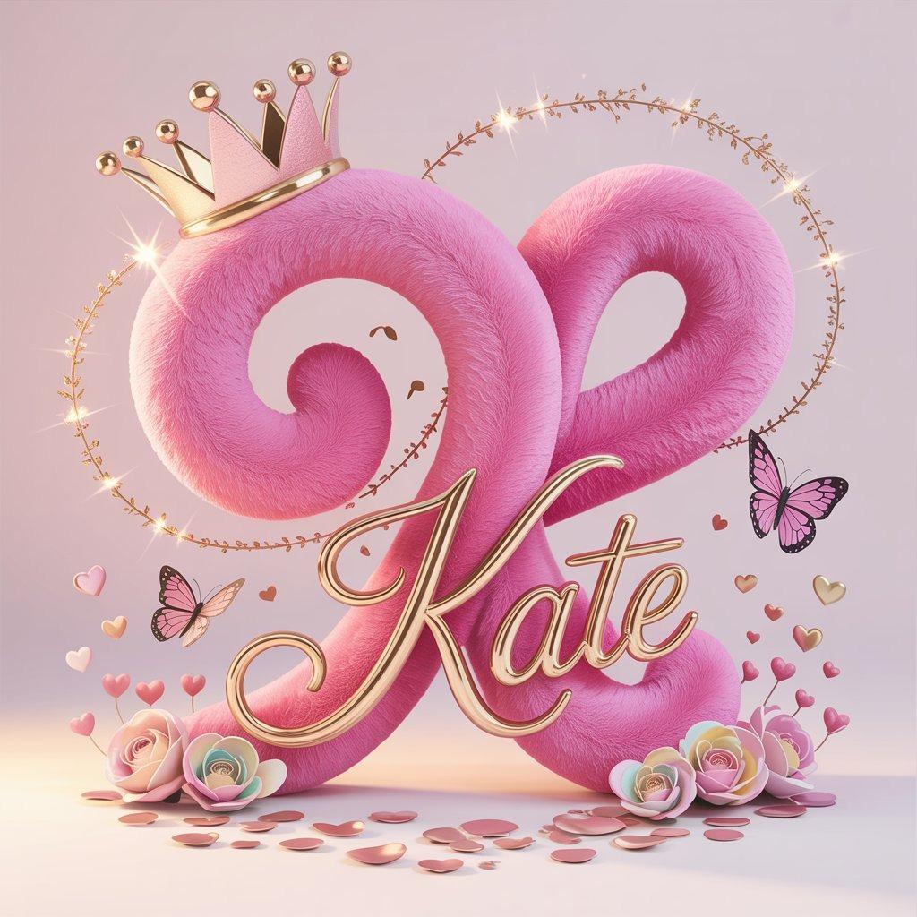 AI Generated Image - A whimsical 3D render depicts a colossal, plush pink letter “ROENA MAE AND ROENALIE” gently curving and dominating the frame, its fuzzy texture highlighted by soft, warm light. The letter is adorned with a shimmering golden crown, catching the light and encircled by delicate golden sparkles resembling captured stardust, while the letters softly rise from a bed of iridescent, pastel pink rose petals. Below the main letter, the cursive name “Kate” gracefully arches in polished gold lettering, also crowned and surrounded by a fluttering swarm of pink and white butterflies and a shower of heart-shaped confetti. The background is a soft pink gradient gently fading to white, creating a charming and enchanting scene with a shallow depth of field, bathed in the gentle glow of ethereal light.