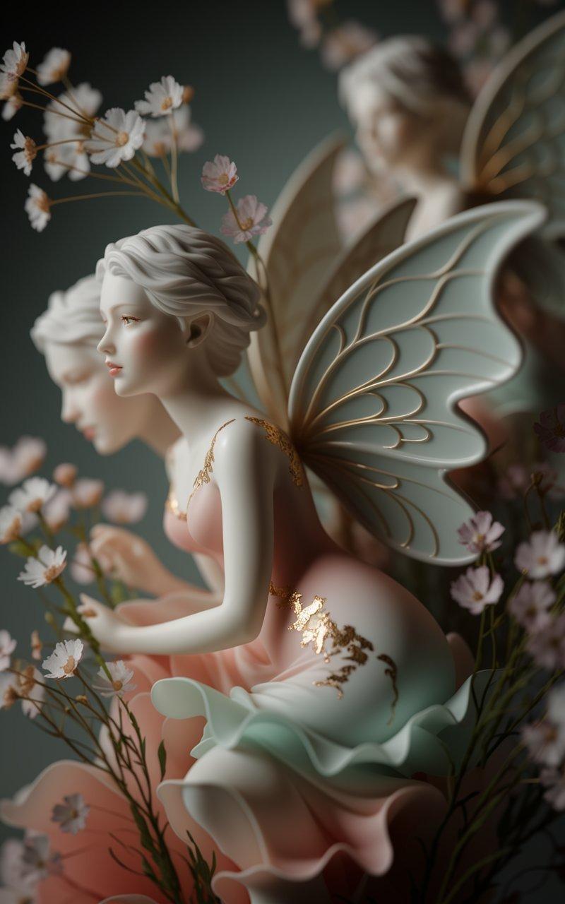 AI Generated Image - A macro close-up of delicate porcelain faerie figurines entwined with vibrant wildflowers, rendered in a soft, pastel peach and pale teal palette. The smooth matte ceramic textures are adorned with subtle gold leaf highlights, capturing flowing Art Nouveau-inspired lines. Soft natural side lighting casts gentle shadows, emphasizing the intricate floral and filigree details with a shallow depth of field. The image exudes a dreamy, serene mood, with an elegant, balanced asymmetrical composition and muted contrast.