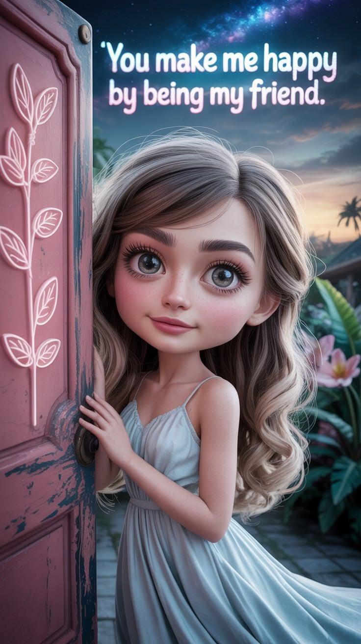 AI Generated Image - At the top of the image in the sky a large magical hue Stardust text :you make me happy by being my friend" A Dreamy and ethereal pop art 3d manga anime style image of a beautiful young young woman in a flowing, vintage-inspired ethereal white dress. She has long blond wavy cascade hair onesideway big sparkling eyes. she gazes directly into the camera with a gentle, wistful expression, her lightly tanned skin subtly illuminated by diffused sunlight. Standing beside a weathered, antique pink door adorned with delicate neon floral carvings, tropical garden background. The scene is bathed in a warm, golden hour glow, creating a dreamlike atmosphere of nostalgic elegance. The Celestial galaxy sky above thd sunset evening. The image is taken from a slightly upward angle, Highly detailed 8k quality 3d image super realistic soft skin dark mascara. 3d combined with watercolor painting effect. Dusty atmosphere. Great typography.