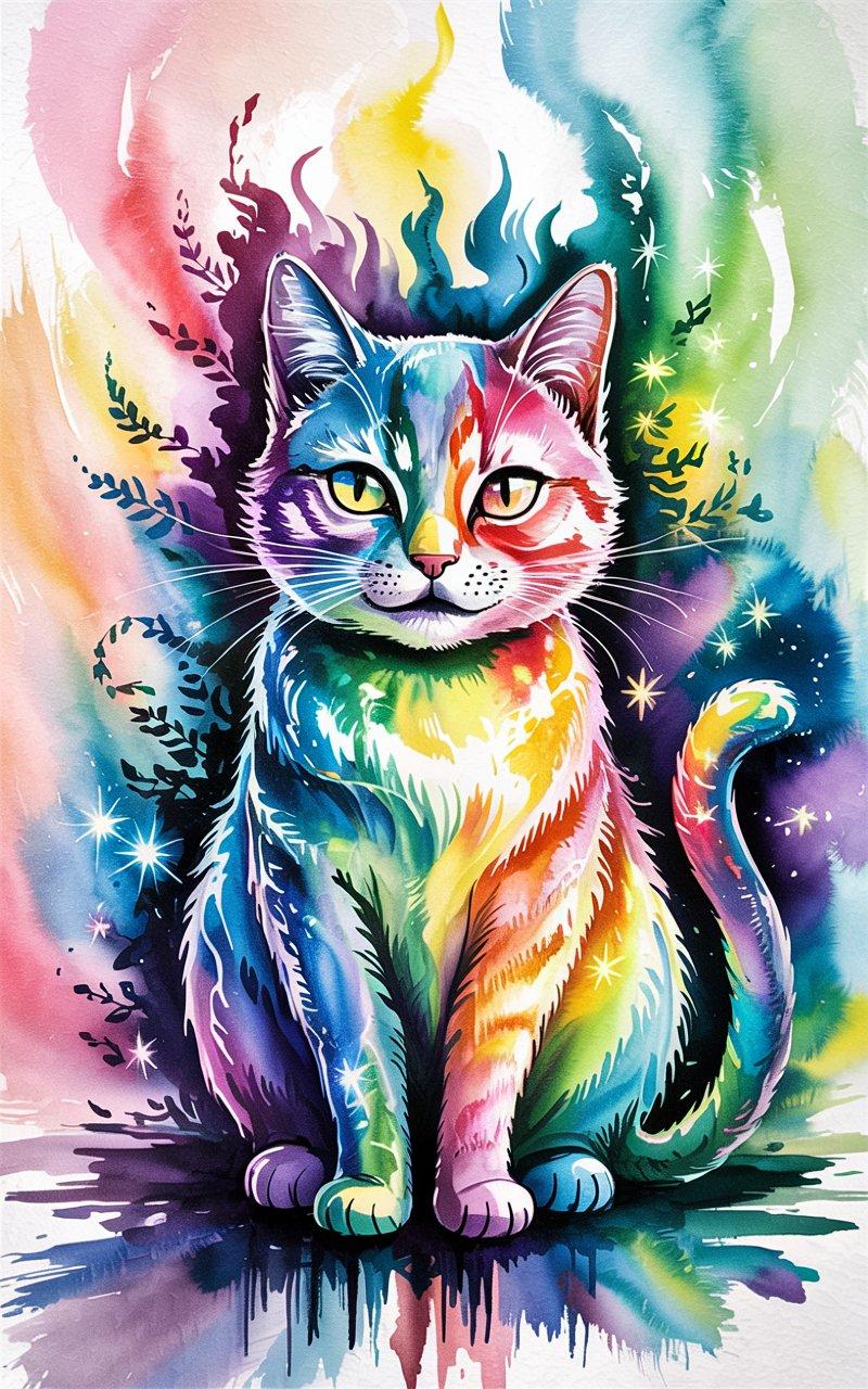 AI Generated Image - Mit Wasserfarben das verläuft dargestellt.Stelle dir eine faszinierende Szene vor, in der eine Katze dargestellt wird. Die Katze ist im Inneren aus bunten Prismenrauch geformt, der in lebendigen, schimmernden Farben leuchtet und sich in filigranen Mustern ausbreitet. Das Rauchmaterial wirkt transparent und schimmernd, als ob es aus unzähligen kleinen, funkelnden Kristallen besteht, die das Licht in allen Regenbogenfarben brechen. Außen um die Katze herum ist sie als dunkle Silhouette sichtbar, die einen klaren Kontrast zu dem bunten, leuchtenden Inneren bildet. Die Silhouette hebt die Form der Katze hervor und verleiht der Szene eine mystische, träumerische Atmosphäre. Das Zusammenspiel von der farbenfrohen, prismatischen Rauch-Inneren und der dunklen Silhouette schafft eine magische, fast surreal wirkende Darstellung einer Katze, die sowohl geheimnisvoll als auch schön ist.