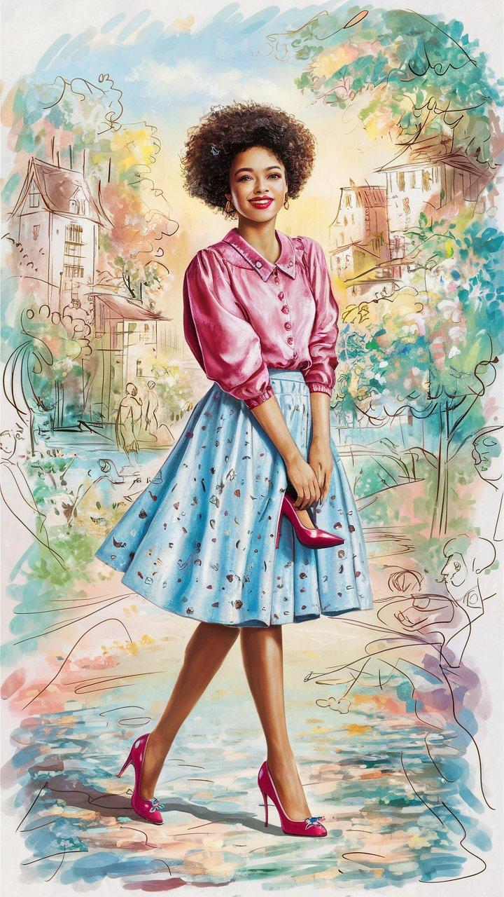 AI Generated Image - A captivating impressionist painting features a radiant young woman exuding pure joy with her mesmerizing smile. Standing elegantly in a whimsical landscape, she wears a charming pink blouse and a light blue skirt adorned with a playful pattern. With her high heels in hand, she appears to have discarded the constraints of formality. The idyllic background showcases enchanting buildings and trees, seamlessly blending with the soft pastel hues. The delicate sketches and one-line illustrations lend an additional layer of depth to this fashionable, vibrant, and conceptually captivating masterpiece., vibrant
