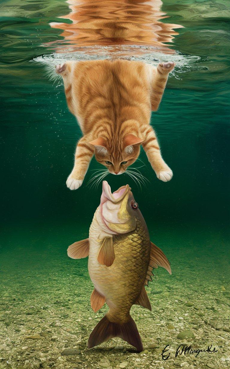 AI Generated Image - The image depicts an underwater scene with a humorous twist. An orange tabby cat appears to be diving headfirst into the water, with its body partially submerged and creating a splash at the surface. The cat's legs are extended downward, and its claws are visible. Below the cat, a large fish, resembling a carp, is swimming upward with its mouth wide open, facing the cat. The water is clear, with a greenish hue, and the bottom is covered with small pebbles. The scene is lit naturally, highlighting the cat's reflection on the water surface and the fish's detailed scales. Highly detailed, visual masterpiece of perfect wide shot; Hand signed by "El Magnifico" in the lower right corner. Date: 05.07.2025