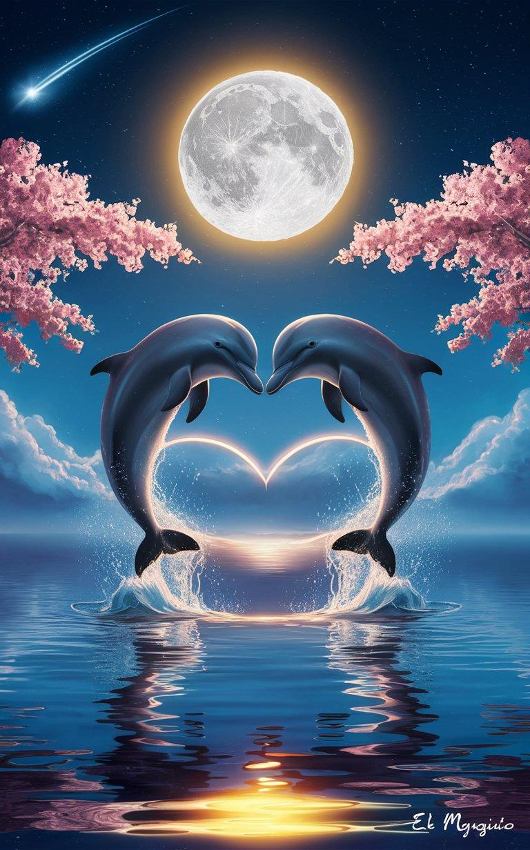 AI Generated Image - The image depicts a serene and magical night scene. Two dolphins are gracefully leaping out of calm waters, forming a heart shape with their arcs. Above them, a large, glowing full moon illuminates the scene, casting a golden reflection on the water's surface. On either side of the image, cherry blossom trees in full bloom add a touch of softness and color. The sky is a deep blue, dotted with stars, and a shooting star streaks across the top left corner, adding to the enchantment. The overall atmosphere is one of tranquility and natural beauty. Highly detailed, visual masterpiece of perfect wide shot; Hand signed by "El Magnifico" in the lower right corner. Date: 05.07.2025