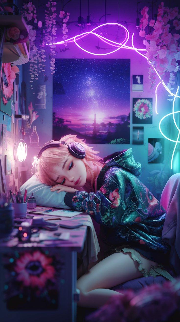 AI Generated Image - A dreamy and ethereal pop art 3d manga anime style image of a serene and dreamy scene with a sleeping teenage blond girl with pink meshes, at a messy desk in her bedroom. The girl is dressed casually in a cybertech steampunk hoodie and headphones, which cover her ears. The room is adorned with vibrant Floral posters, a glowing starry sky, and mesmerizing purple pink turquoise neon lights. There are also small neon flora in the room. The image has a dreamy, ethereal, and cinematic quality, with a super-realistic, photo-like quality. Highly detailed 8k quality 3d image super realistic soft skin dark mascara. Dusty atmosphere. 3d combined with watercolor painting effect.
